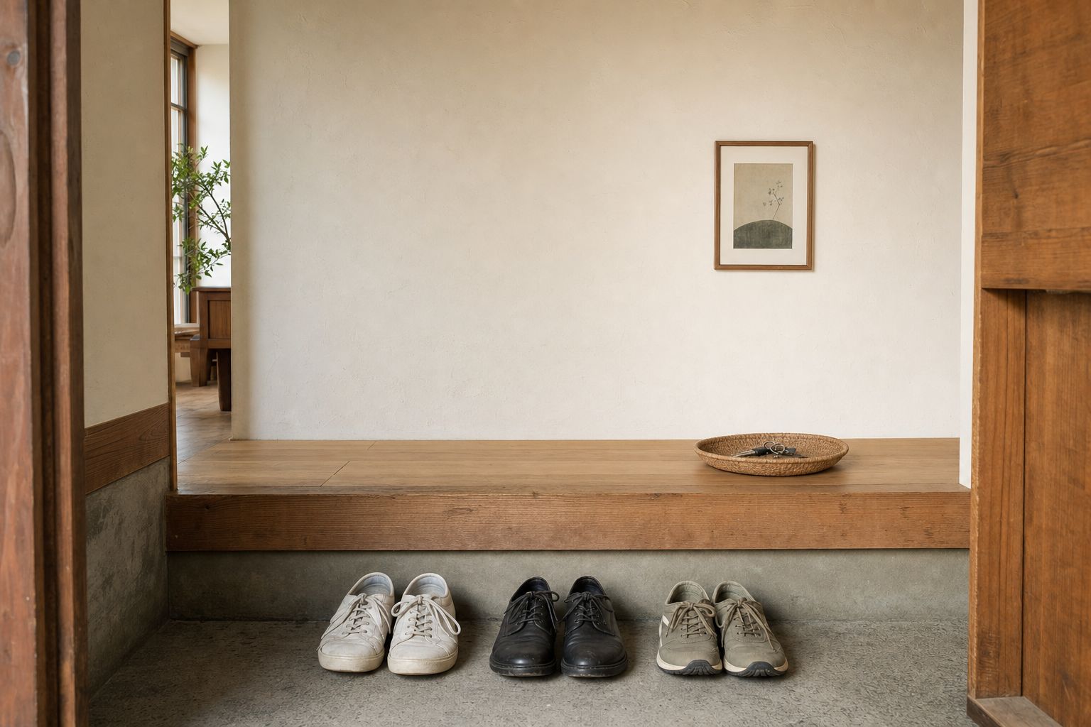 A small Japanese-style entryway with a low step, three pairs of shoes turned toward the door, and a single woven tray for keys