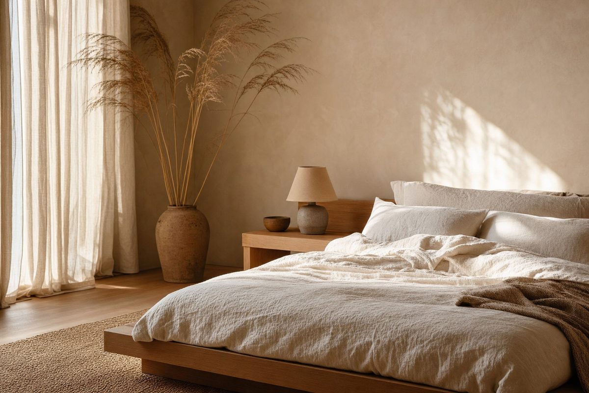 A Japandi bedroom: low platform bed, warm linen, oak nightstand